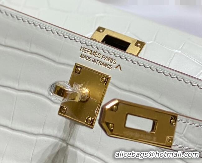 Super Quality Hermes Mini Kelly Bag 19cm in Crocodile Embossed Leather 0523 Cream White 2023