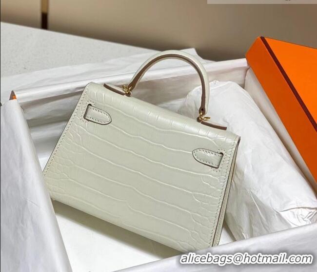 Super Quality Hermes Mini Kelly Bag 19cm in Crocodile Embossed Leather 0523 Cream White 2023