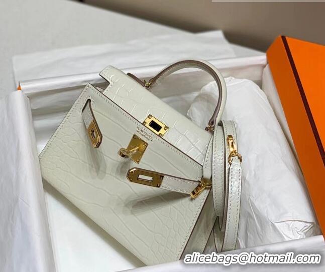 Super Quality Hermes Mini Kelly Bag 19cm in Crocodile Embossed Leather 0523 Cream White 2023