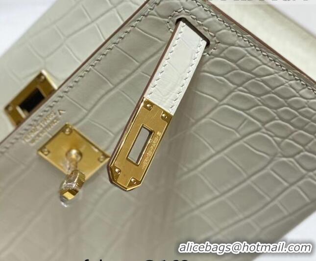 Super Quality Hermes Mini Kelly Bag 19cm in Crocodile Embossed Leather 0523 Cream White 2023