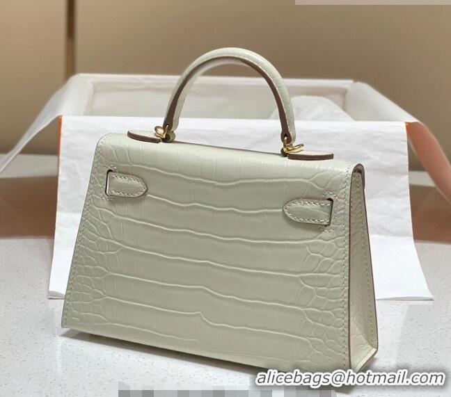 Super Quality Hermes Mini Kelly Bag 19cm in Crocodile Embossed Leather 0523 Cream White 2023