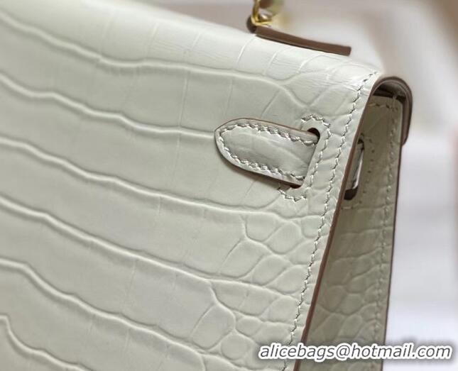 Super Quality Hermes Mini Kelly Bag 19cm in Crocodile Embossed Leather 0523 Cream White 2023