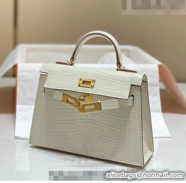 Super Quality Hermes Mini Kelly Bag 19cm in Crocodile Embossed Leather 0523 Cream White 2023