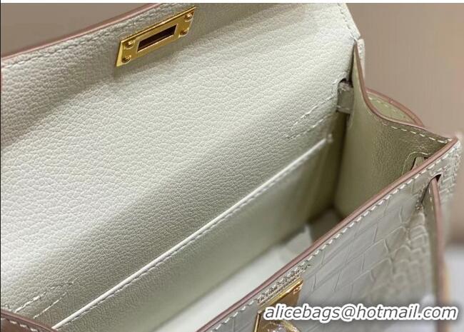 Super Quality Hermes Mini Kelly Bag 19cm in Crocodile Embossed Leather 0523 Cream White 2023