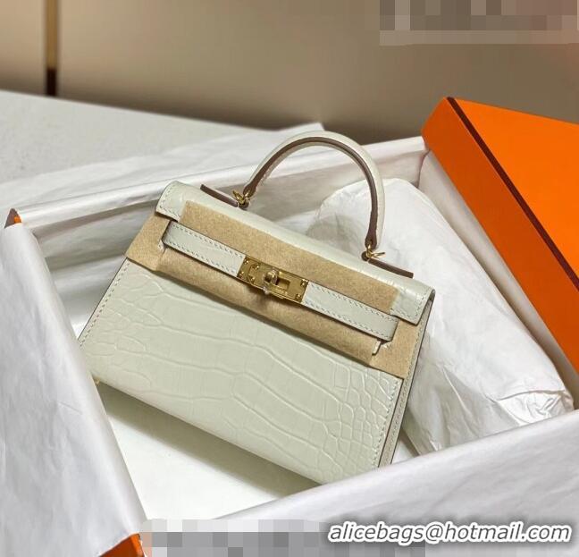 Super Quality Hermes Mini Kelly Bag 19cm in Crocodile Embossed Leather 0523 Cream White 2023