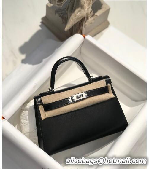 Inexpensive Hermes Mini Kelly II Box Bag 19cm in Box Calf Leather H20 Black/Silver 2023 (Half-handmade)