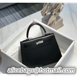 Top Quality Hermes Kelly Box Bag 25cm in Box Calf Leather H25 Black/Silver 2023 (Half-handmade)