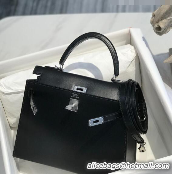 Top Quality Hermes Kelly Box Bag 25cm in Box Calf Leather H25 Black/Silver 2023 (Half-handmade)