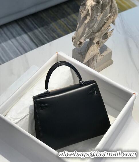 Top Quality Hermes Kelly Box Bag 25cm in Box Calf Leather H25 Black/Silver 2023 (Half-handmade)