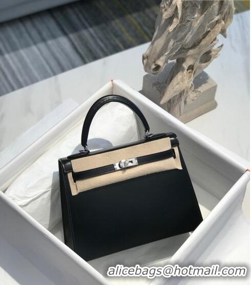 Top Quality Hermes Kelly Box Bag 25cm in Box Calf Leather H25 Black/Silver 2023 (Half-handmade)