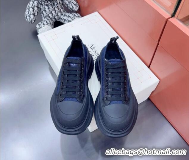 Well Crafted Alexander McQueen Tread Slick Canvas Lace Up Sneakers Black/Denim Blue 013048