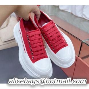 Grade Alexander McQueen Tread Slick Canvas Lace Up Sneakers White/Red 013051