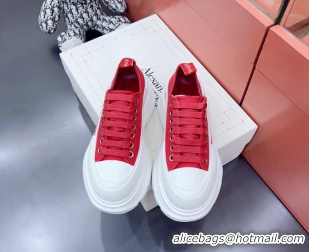 Grade Alexander McQueen Tread Slick Canvas Lace Up Sneakers White/Red 013051