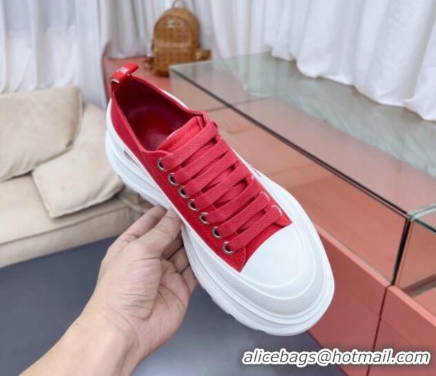 Grade Alexander McQueen Tread Slick Canvas Lace Up Sneakers White/Red 013051