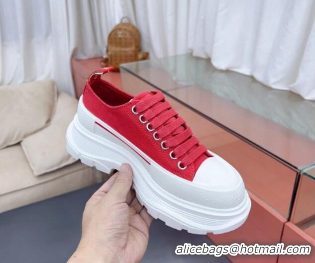 Grade Alexander McQueen Tread Slick Canvas Lace Up Sneakers White/Red 013051