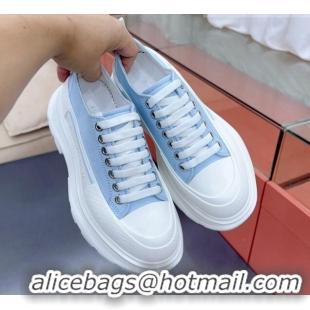 Original Cheap Alexander McQueen Tread Slick Canvas Lace Up Sneakers White/Light Blue 013038