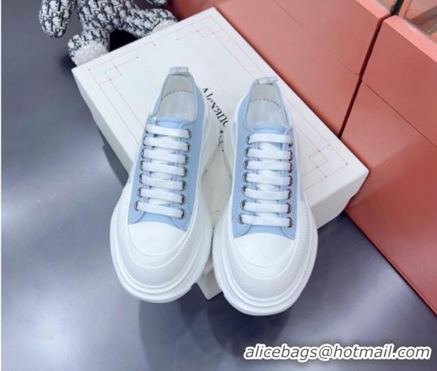 Original Cheap Alexander McQueen Tread Slick Canvas Lace Up Sneakers White/Light Blue 013038