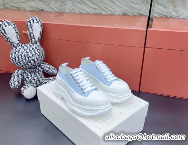 Original Cheap Alexander McQueen Tread Slick Canvas Lace Up Sneakers White/Light Blue 013038