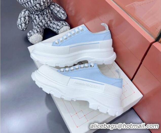 Original Cheap Alexander McQueen Tread Slick Canvas Lace Up Sneakers White/Light Blue 013038