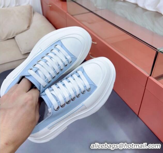 Original Cheap Alexander McQueen Tread Slick Canvas Lace Up Sneakers White/Light Blue 013038