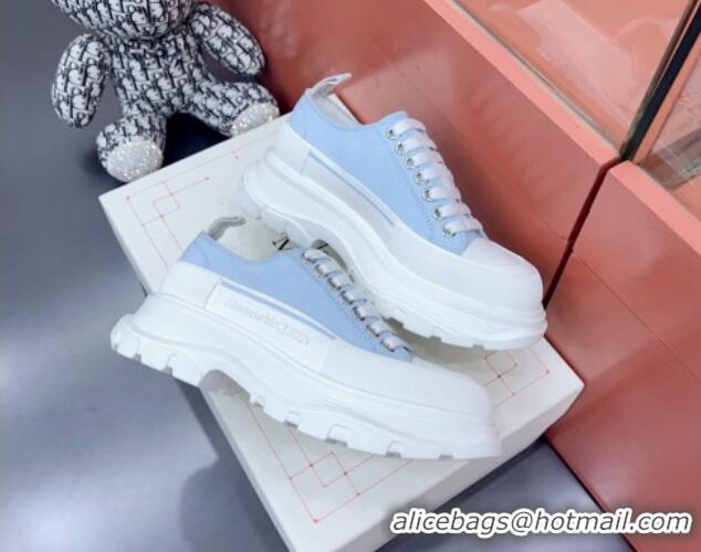 Original Cheap Alexander McQueen Tread Slick Canvas Lace Up Sneakers White/Light Blue 013038