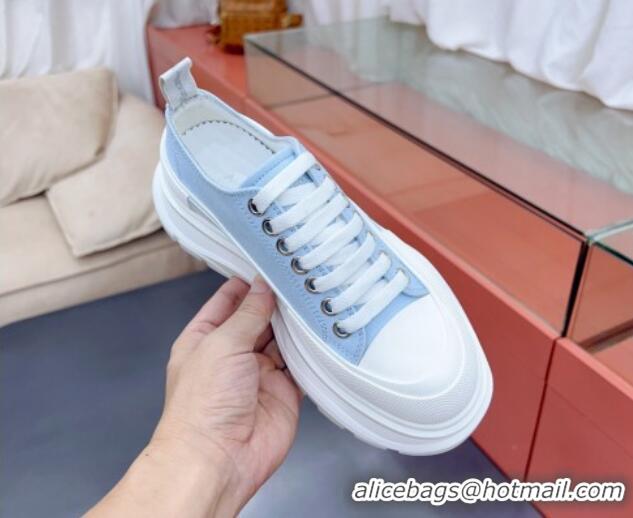 Original Cheap Alexander McQueen Tread Slick Canvas Lace Up Sneakers White/Light Blue 013038