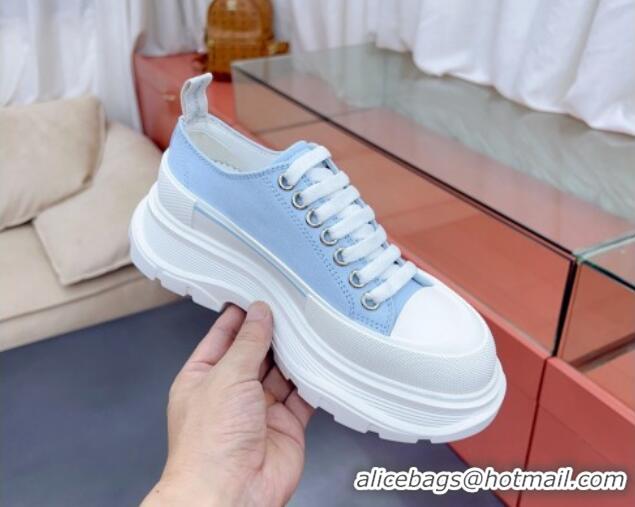 Original Cheap Alexander McQueen Tread Slick Canvas Lace Up Sneakers White/Light Blue 013038