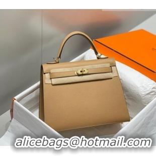 Top Grade Hermes Epsom Kelly Bag 25cm/28cm in Calfskin Leather H25 Milky Tea Brown/Gold 2023