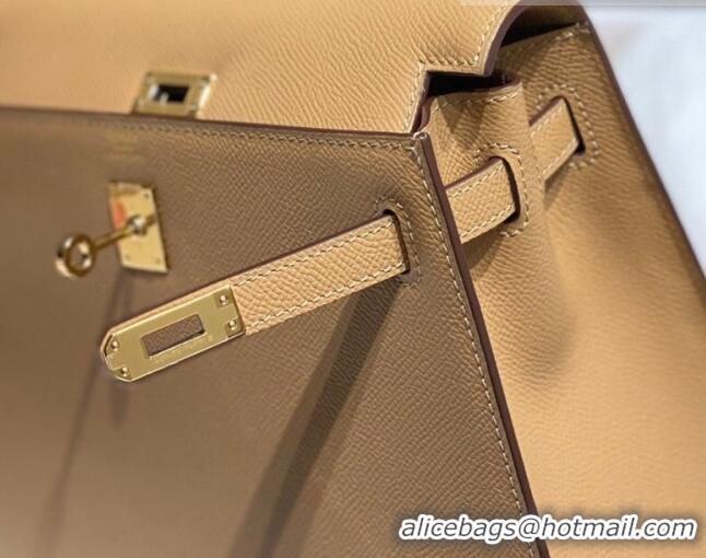 Top Grade Hermes Epsom Kelly Bag 25cm/28cm in Calfskin Leather H25 Milky Tea Brown/Gold 2023