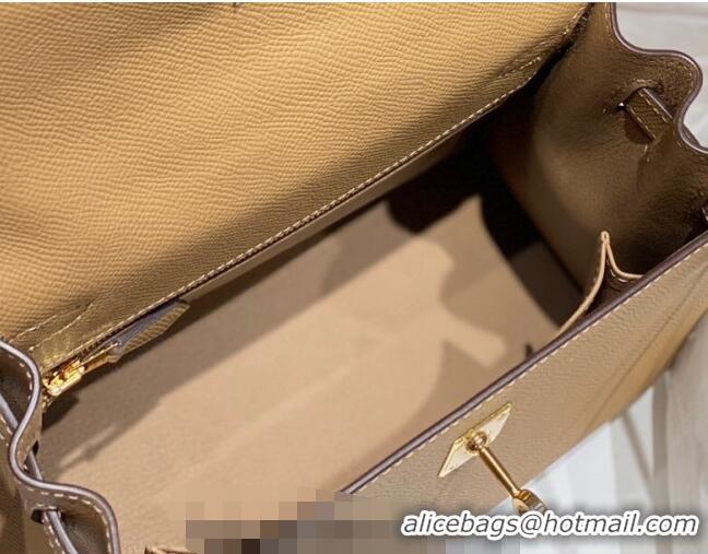 Top Grade Hermes Epsom Kelly Bag 25cm/28cm in Calfskin Leather H25 Milky Tea Brown/Gold 2023