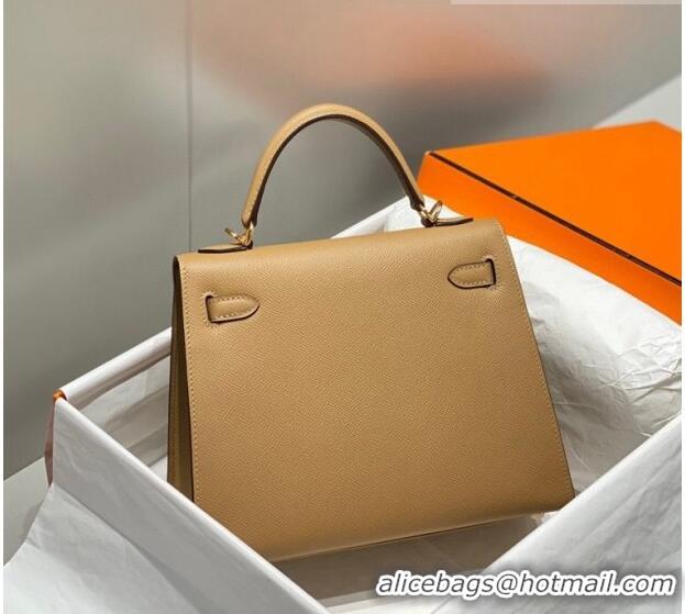 Top Grade Hermes Epsom Kelly Bag 25cm/28cm in Calfskin Leather H25 Milky Tea Brown/Gold 2023