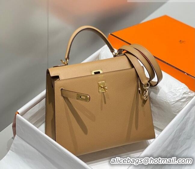 Top Grade Hermes Epsom Kelly Bag 25cm/28cm in Calfskin Leather H25 Milky Tea Brown/Gold 2023