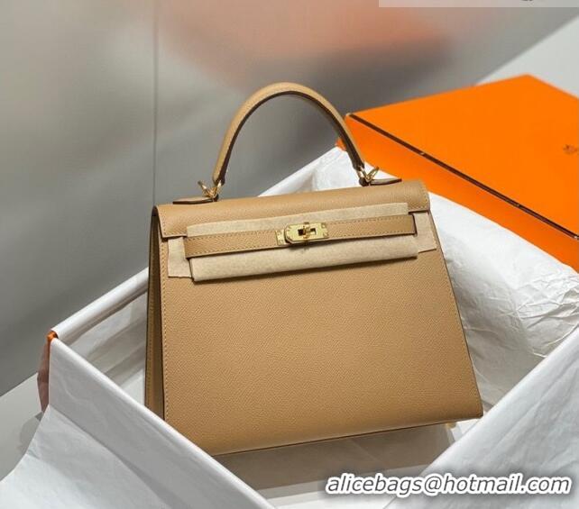 Top Grade Hermes Epsom Kelly Bag 25cm/28cm in Calfskin Leather H25 Milky Tea Brown/Gold 2023