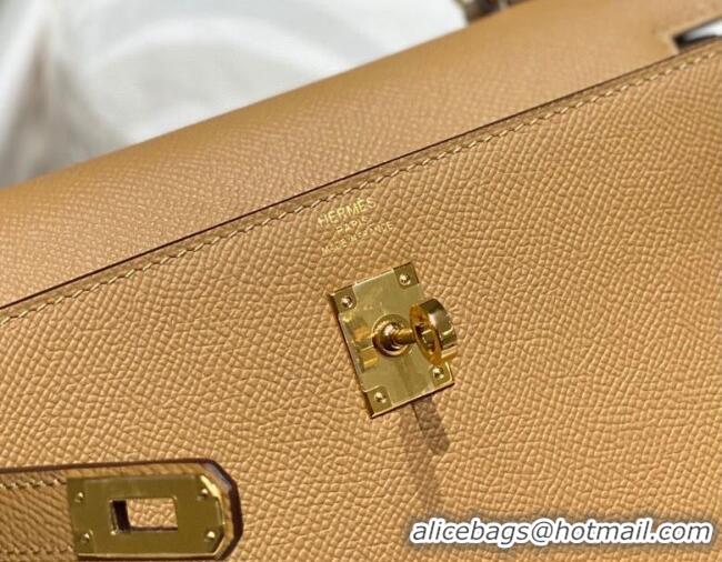 Top Grade Hermes Epsom Kelly Bag 25cm/28cm in Calfskin Leather H25 Milky Tea Brown/Gold 2023