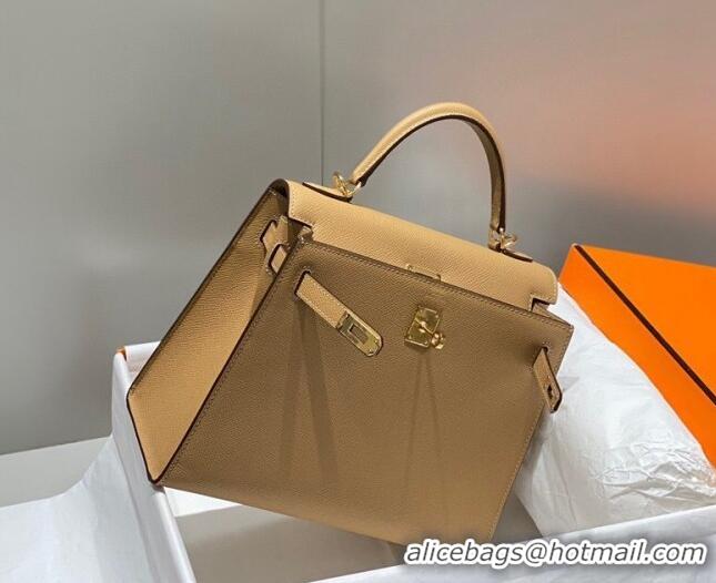 Top Grade Hermes Epsom Kelly Bag 25cm/28cm in Calfskin Leather H25 Milky Tea Brown/Gold 2023