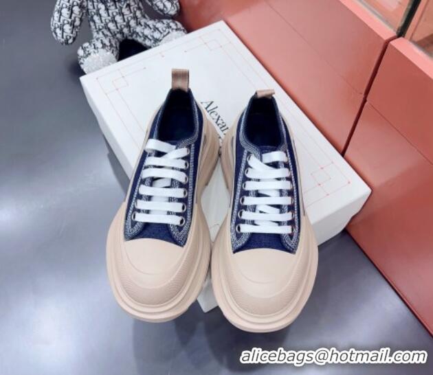 Luxurious Alexander McQueen Tread Slick Canvas Lace Up Sneakers Nude/Denim Blue 013041