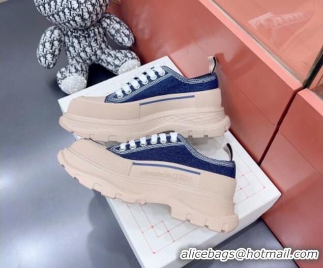 Luxurious Alexander McQueen Tread Slick Canvas Lace Up Sneakers Nude/Denim Blue 013041