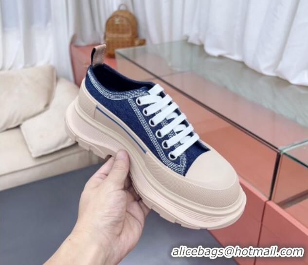 Luxurious Alexander McQueen Tread Slick Canvas Lace Up Sneakers Nude/Denim Blue 013041