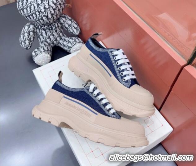 Luxurious Alexander McQueen Tread Slick Canvas Lace Up Sneakers Nude/Denim Blue 013041