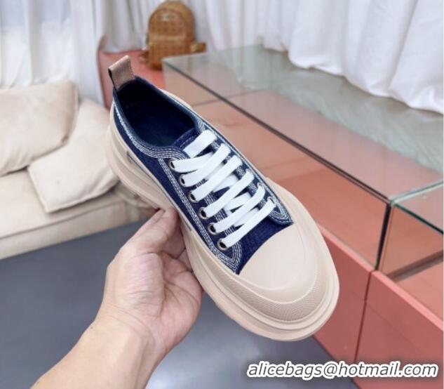 Luxurious Alexander McQueen Tread Slick Canvas Lace Up Sneakers Nude/Denim Blue 013041