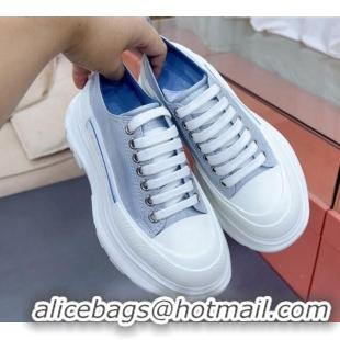 Top Grade Alexander McQueen Tread Slick Canvas Lace Up Sneakers White/Light Blue 013042