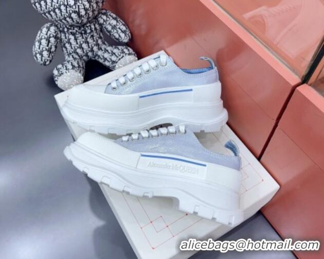 Top Grade Alexander McQueen Tread Slick Canvas Lace Up Sneakers White/Light Blue 013042