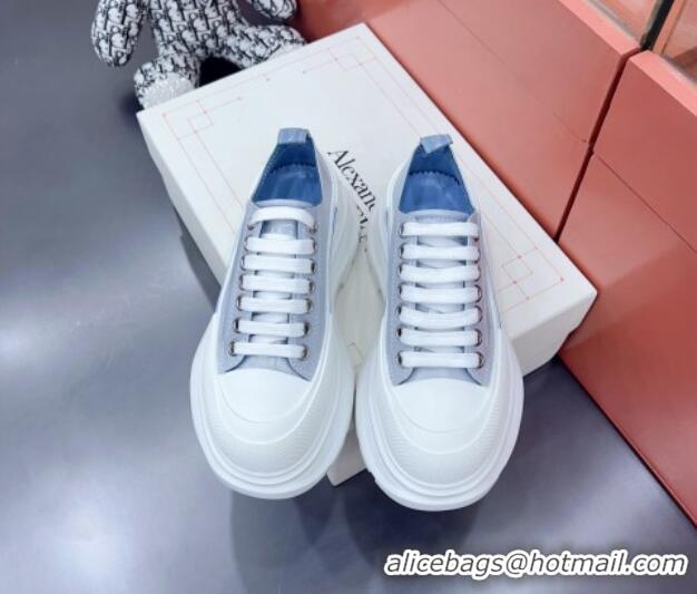 Top Grade Alexander McQueen Tread Slick Canvas Lace Up Sneakers White/Light Blue 013042