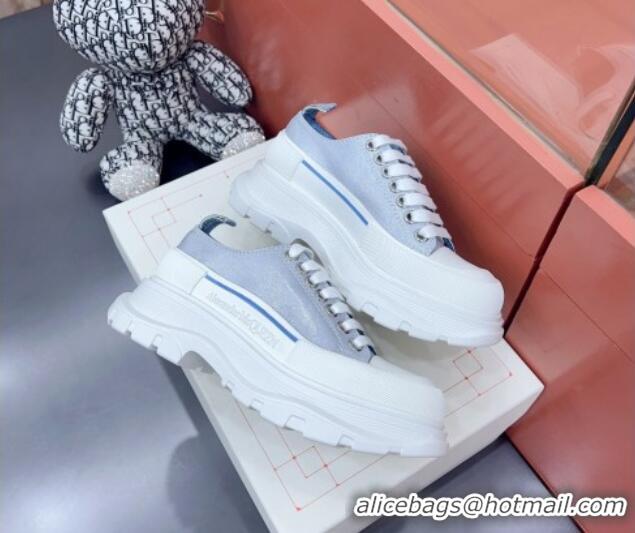 Top Grade Alexander McQueen Tread Slick Canvas Lace Up Sneakers White/Light Blue 013042