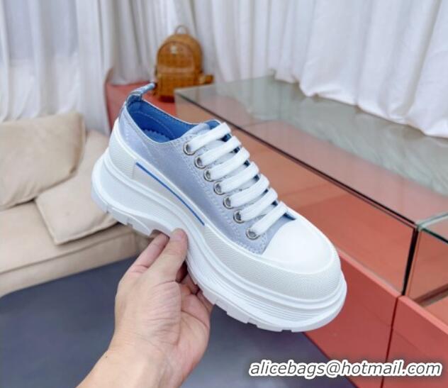 Top Grade Alexander McQueen Tread Slick Canvas Lace Up Sneakers White/Light Blue 013042