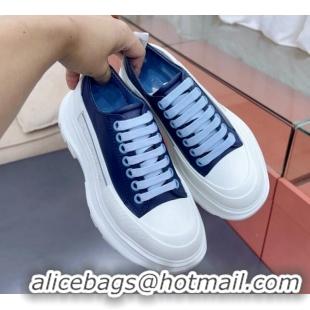 Unique Style Alexander McQueen Tread Slick Canvas Lace Up Sneakers White/Dark Blue 013047