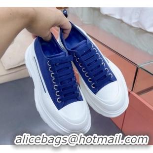 Good Looking Alexander McQueen Tread Slick Canvas Lace Up Sneakers White/Blue 013053