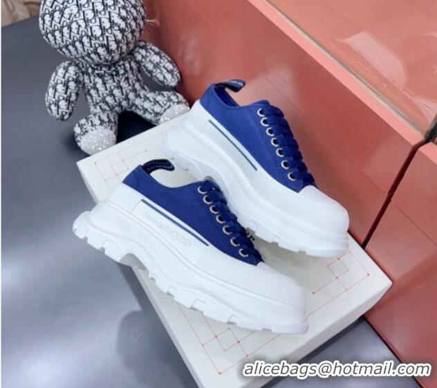 Good Looking Alexander McQueen Tread Slick Canvas Lace Up Sneakers White/Blue 013053