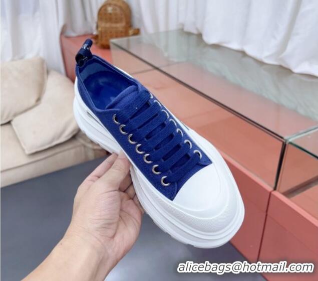 Good Looking Alexander McQueen Tread Slick Canvas Lace Up Sneakers White/Blue 013053