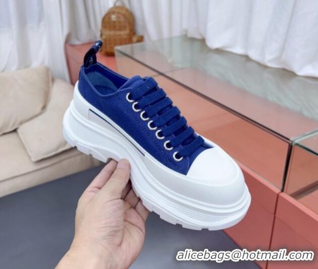 Good Looking Alexander McQueen Tread Slick Canvas Lace Up Sneakers White/Blue 013053